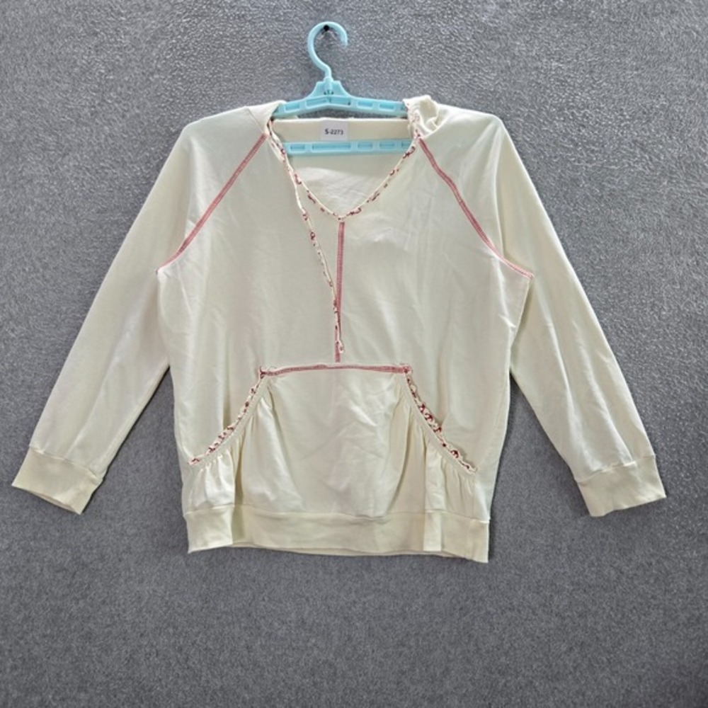 One World Women Sweatshirt Large Cream Terry Hoodie Pockets Long Sleeve V Neck